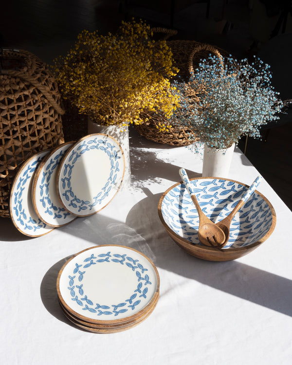 Wooden Salad Bowl with Servers and 6 Plates Set